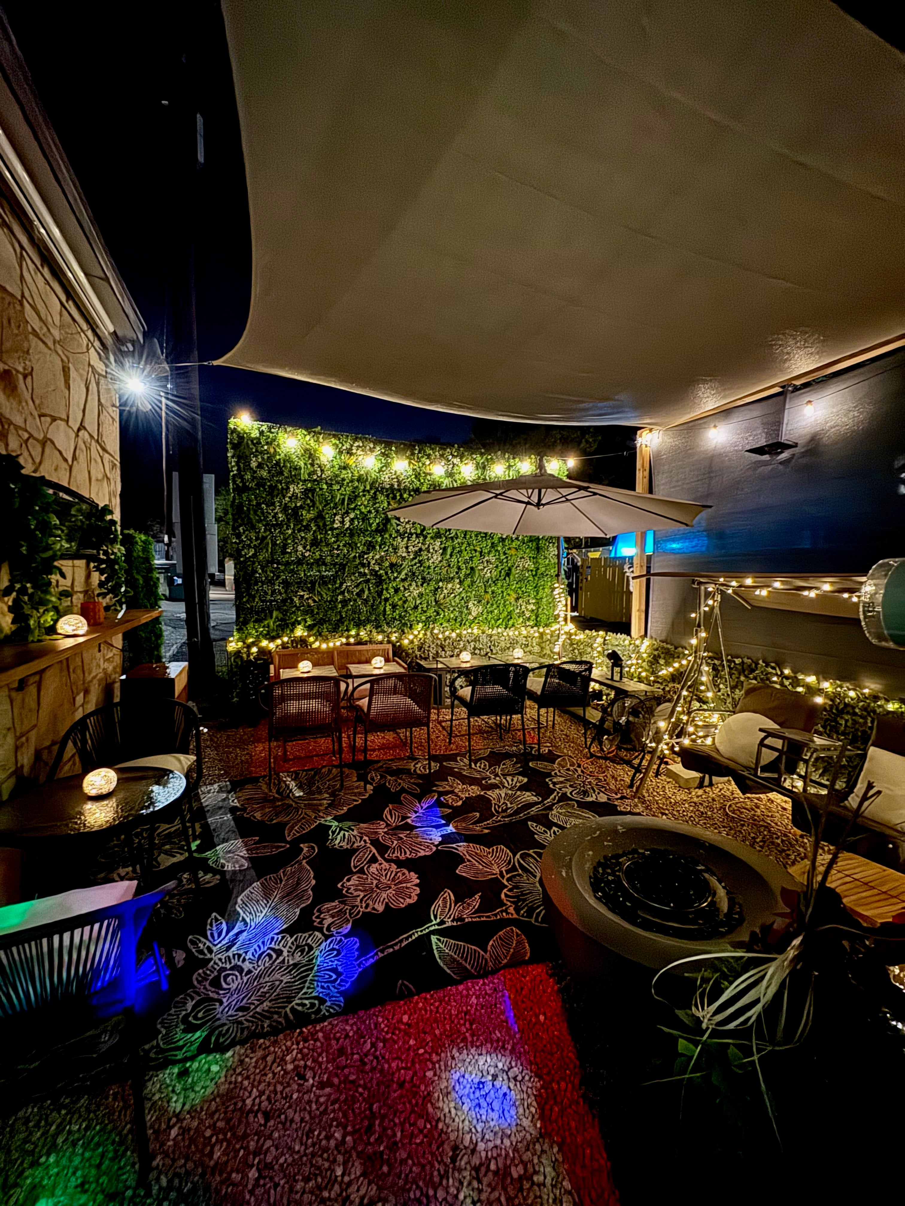 Outdoor lounge area at Ex Files Austin
